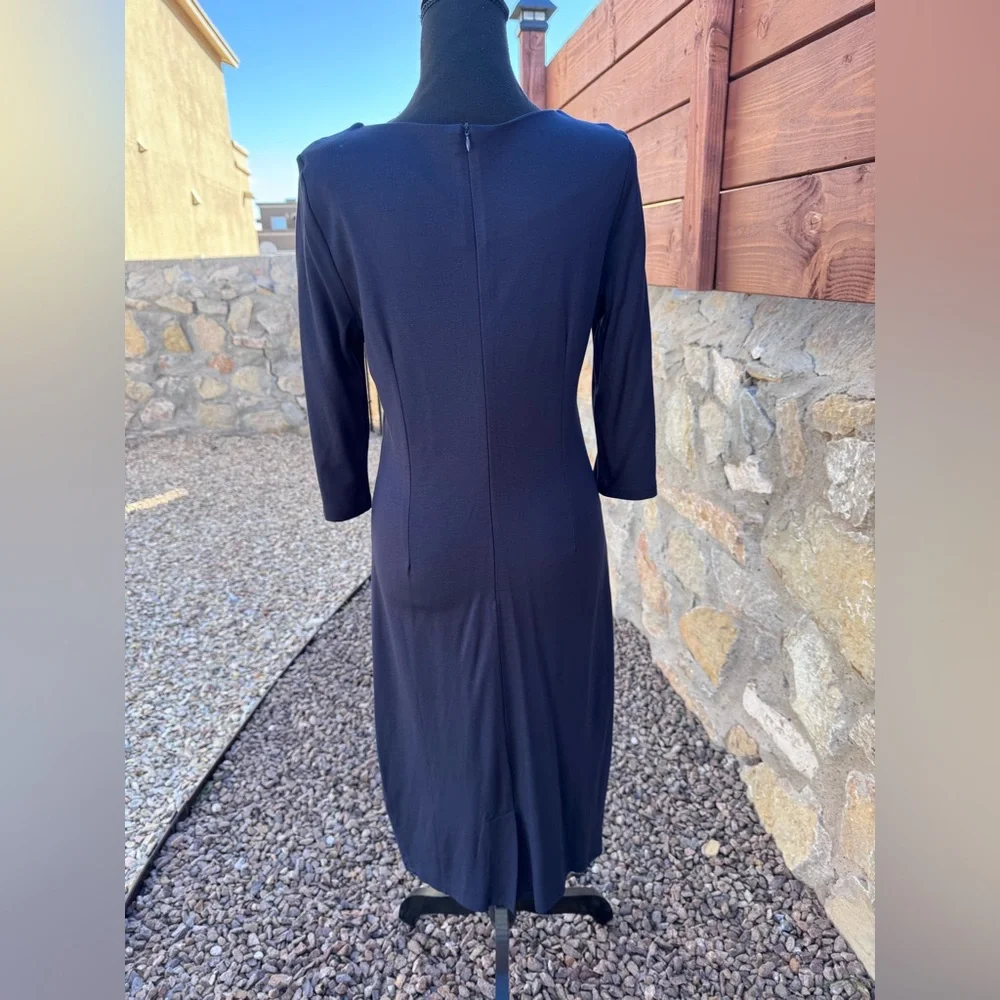 HOMEEYE Navy Blue Ruched Sheath Dress Large 3/4 Sleeve Bodycon Work EXCELLENT - Picture 9 of 13